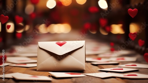 An envelope with a Valentine's Day themed card, perfect for Valentine's Day. Happy birthday, wedding invitation. Love and relationship concept.