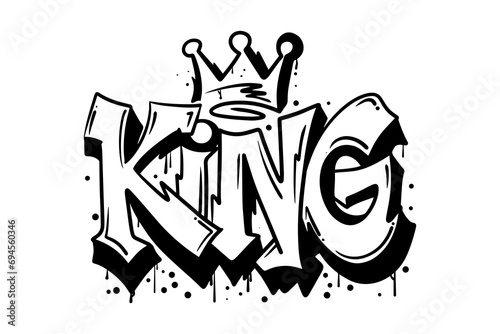 word "KING" with crown, graffiti art isolated on white background.