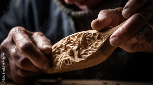 A skilled craftsman's hands, marked by the art of woodworking, carefully carve a wooden creation in this detailed workshop scene. photo