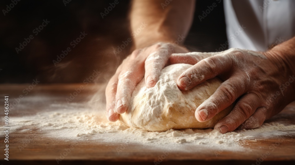 Skilled hands of a baker, immersed in flour, passionately kneading dough for a delectable bakery creation.