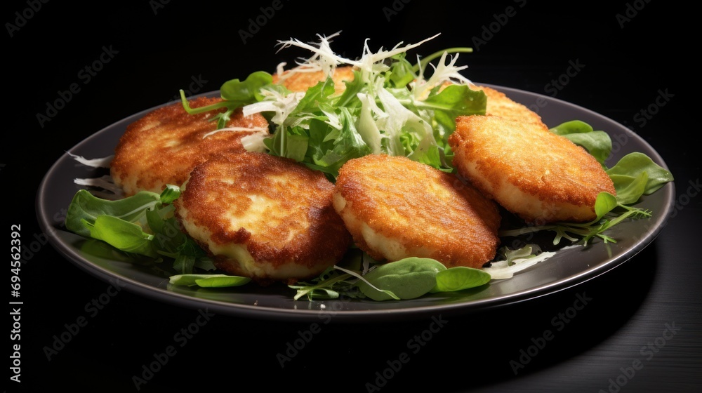 Plate of perfection: succulent, fried cutlets topped with vibrant greens, a gastronomic masterpiece. Plate of perfection: succulent, fried cutlets topped with vibrant greens, a gastronomic masterpiece.