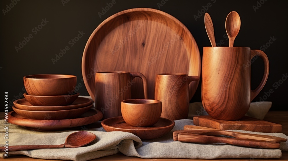 Culinary craftsmanship on display: an array of various handmade wooden products, including spoons and forks, arranged on a tabletop. Culinary craftsmanship on display: an array of various handmade wooden products, including spoons and forks, arranged on a tabletop.