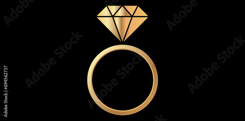 Gold Diamond Ring Icon With Black Background, Wedding Logo With Ring Symbol Vector Illustration. © Gfx Studio
