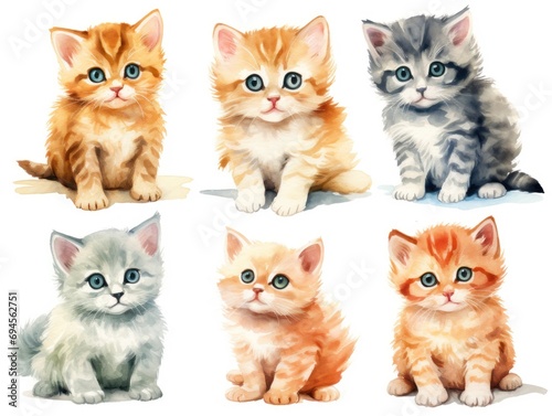 Furry siblings: a row of cute, drawn watercolor kittens, each exuding its unique personality against a pristine white background.