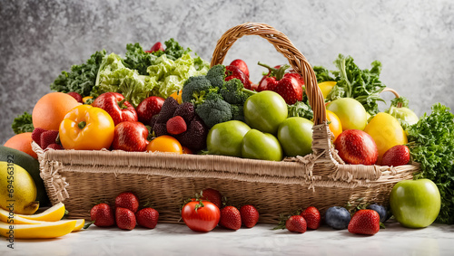 Various natural vegetables and fruits in a basket