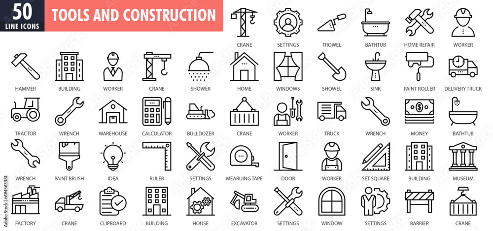 Tools and construction line icons set. outline icons collection. Home repair tools outline icons collection. Construction tools, builders and equipment symbols. Builder, crane, engineering, equipment. - obrazy, fototapety, plakaty 