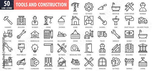 Tools and construction line icons set. outline icons collection. Home repair tools outline icons collection. Construction tools, builders and equipment symbols. Builder, crane, engineering, equipment. photo