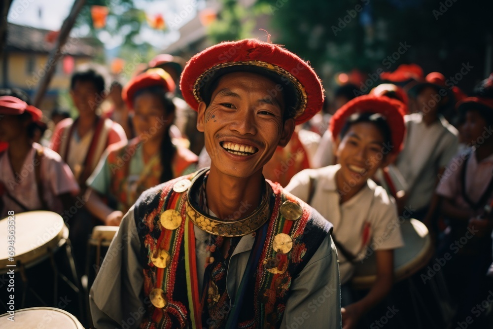 A man in traditional attire with a broad smile plays a drum, surrounded by others in vibrant cultural dress, likely part of a celebration or performance at the chinese Festival - obrazy, fototapety, plakaty 