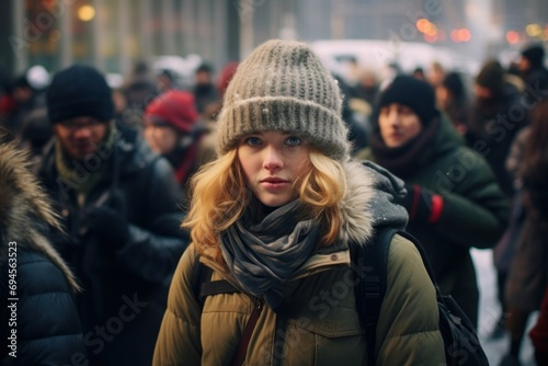 A young woman stands out in a bustling crowd  her piercing blue eyes and blonde hair framed by a knitted hat and winter clothes  possibly a visitor at the chinese festival