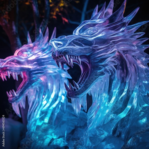 Detailed ice sculptures of mythical dragons roar against a dark sky, their forms illuminated with dynamic lighting, representing a fusion of art and winter spectacle at the chinese Festival.
