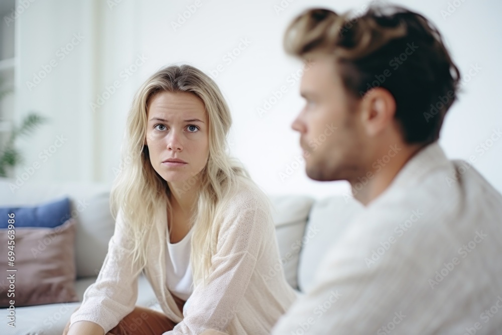 Оffended young blonde woman and man argument, сlose up husband in front and upset wife behind sit at sofa quarrel at home. Family conflict, crisis, psychological abuse, relationships concept Оffended young blonde woman and man argument, сlose up husband in front and upset wife behind sit at sofa quarrel at home. Family conflict, crisis, psychological abuse, relationships concept