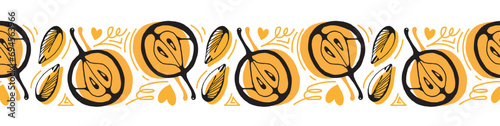 Seamless border with apples and doodle elements. Vector illustration. Bright fruit decor border. Endless frieze with apples.

