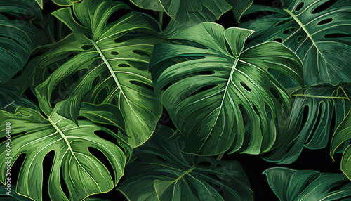 Monstera Leaves a Seamless Pattern. Realistic Painted Still Lifes.