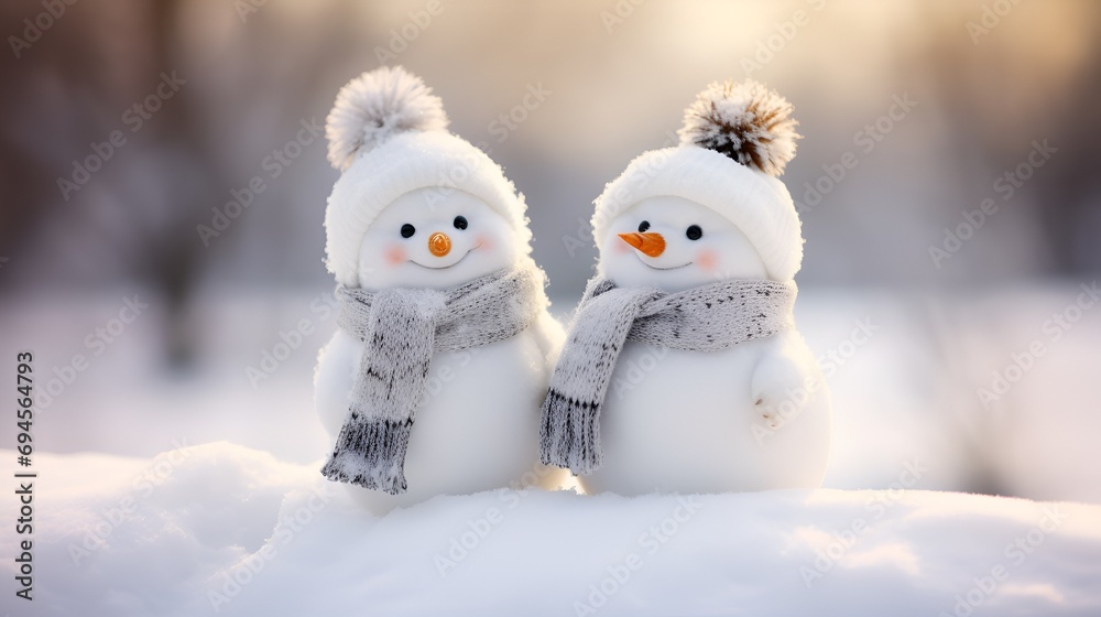 Zwei kleine niedliche Schneemänner stehen draußen im Schnee, mit ...