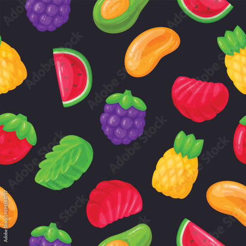Cartoon gummy sweets seamless pattern. Chewy jelly candy, sweet fruit shaped marmalade flat vector background illustration. Jelly sweets endless backdrop photo
