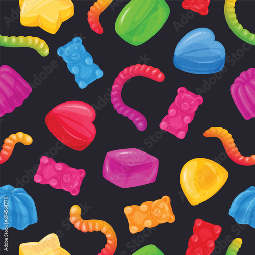 Gummy jelly seamless pattern. Cartoon chewy jelly candies, gummy bear and worms marmalade flat vector background illustration. Jelly sweets endless backdrop