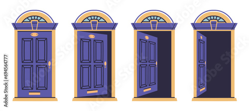 Opened and closed door. House entrance wooden door animation, apartment door in various positions flat vector illustration set. Home facade close and open doors