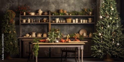 Festive kitchen decor with trees, shelves, and table.