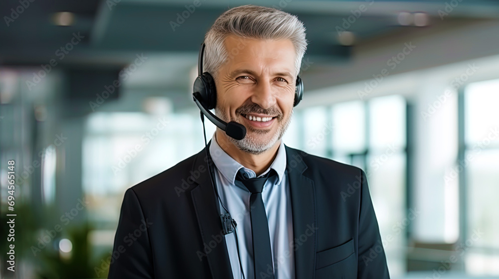 A man in the role of a call center manager, in a stylish suit, successfully solving the problems of
