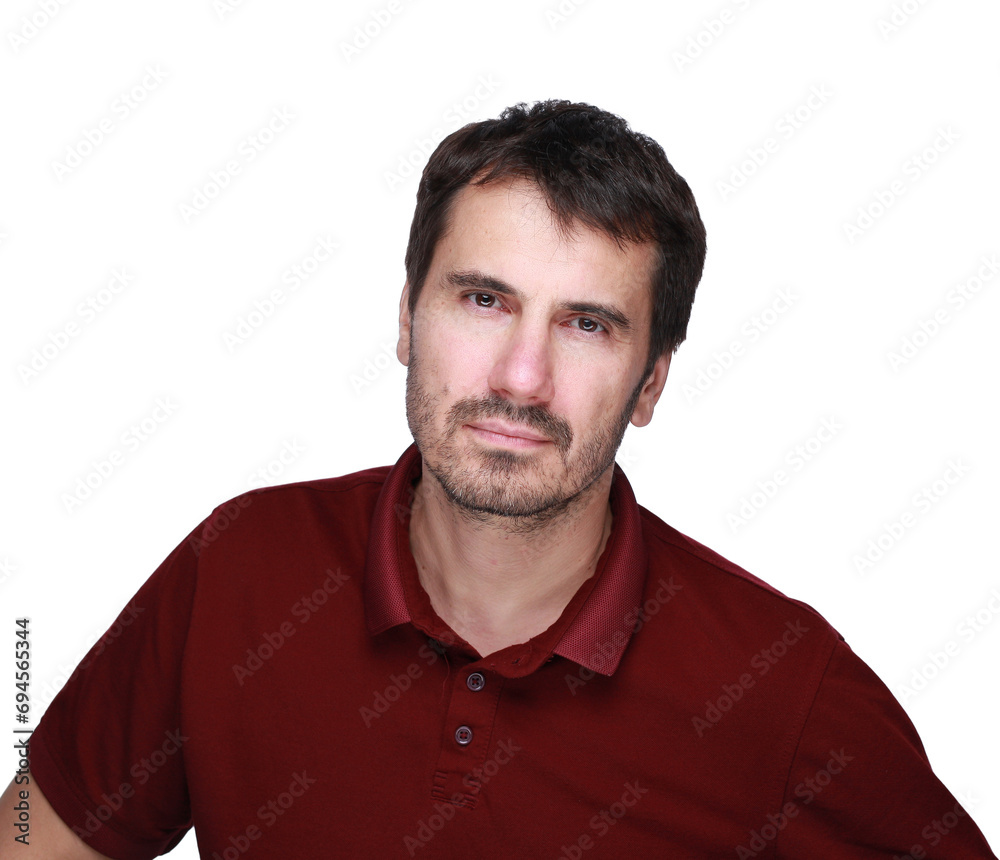 A picture of a man with a beard, mustache and fashionable hairstyle, dressed in a casual polo shirt, posing in a studio with a serious expression on a light background A picture of a man with a beard, mustache and fashionable hairstyle, dressed in a casual polo shirt, posing in a studio with a serious expression on a light background