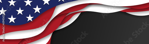 United States american flag USA patriotic papercut banner black background, web, greeting card, poster, holiday cover, label, flyer, layout. Social media print photo