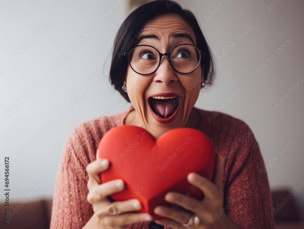 Happily surprised woman wearing glasses receives a heart-shaped box