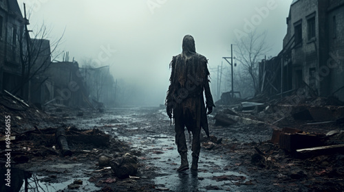 Zombie on street of abandoned town, end of mankind concept photo