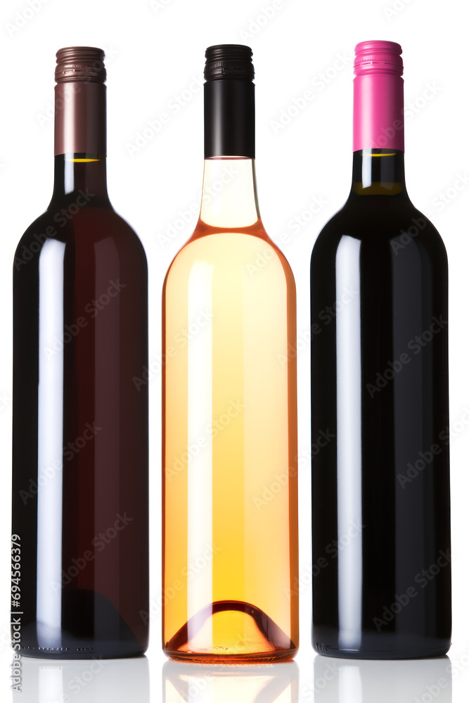 Set of three bottles of wine on white background Set of three bottles of wine on white background