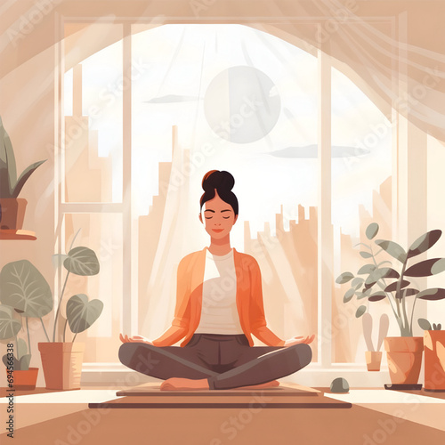 woman doing yoga, cute and minimalist room, winter vibes, boho style, pastel colors