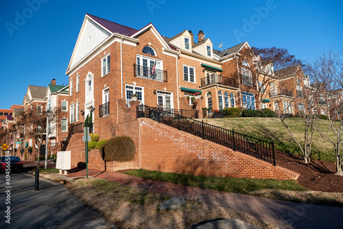 Modern houses facing Old Town Alexandria waterfront in Virginia, USA. residential development in Alexandria neighborhood.