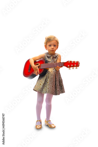 Girl playing guitar, scared look, on white background.