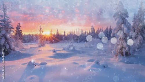 Pemandangan musim dingin dengan hujan salju ditengah hutan ketika matahari terbit photo