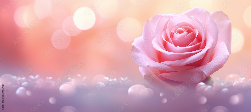 rosa de color rosa sobre superficie con pétalos rosas brillantes y fondo rosa dorado desenfocado - obrazy, fototapety, plakaty 