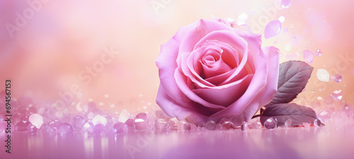 rosa de color rosa sobre superficie con reflejos y cristalitos con pétalos rosas brillantes y fondo rosa dorado desenfocado. concepto celebraciones, san valentin, dia de la madre, boda, o aniversario