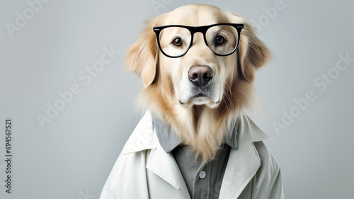 Big dog-retriever in medical coat and glasses. Portrait of a large dog in a medic costume. Doctor dog in white coat with space for text.