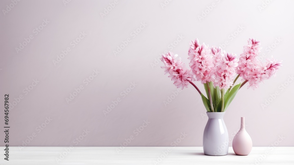 purple and white hyacinth flowers arranged in a vase on a rustic tablecloth, the essence of spring with a composition that exudes beauty and simplicity.