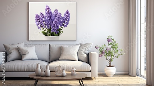 purple and white hyacinth flowers arranged in a vase on a rustic tablecloth, the essence of spring with a composition that exudes beauty and simplicity.