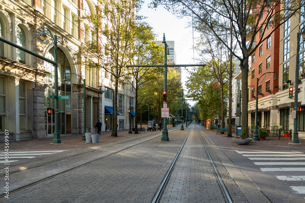 Empty Trolley Tracks on Shady Main Street in Autumn, Memphis Tennessee, USA
