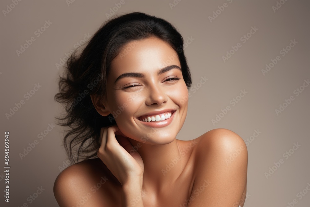 Beautiful smiling young woman with soft glow skin and bare shoulders. Beautiful smiling young woman with soft glow skin and bare shoulders.