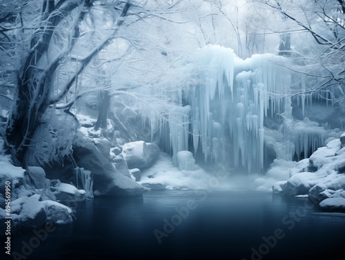 Frozen waterfall in a winter forest