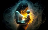 a beautiful mother, she will be the mother of a baby who has not yet been born, from within her swollen belly there is a beautiful bright light, the mother's joy is camouflaged with thick fog.