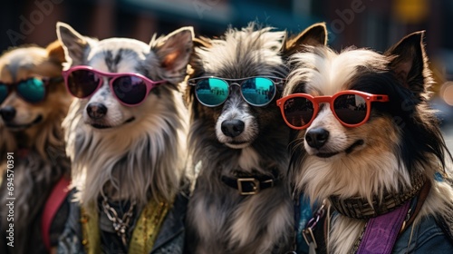 dogs portrait with sunglasses, Funny animals in a group together looking at the camera, wearing clothes, having fun together, taking a selfie, An unusual moment full of fun and fashion consciousness. © Ruslan Batiuk