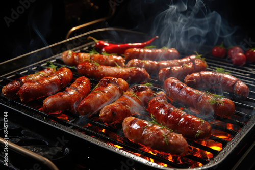 Grilled juicy sausages on a grill with fire
