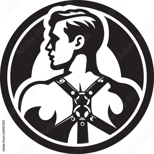 Gay guy in a leather harness. Round graphic symbol (Vector graphics)