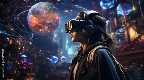 A young woman in the metaverse, wearing a VR headset background in an imaginary future city. Generative AI © Gennie Fx
