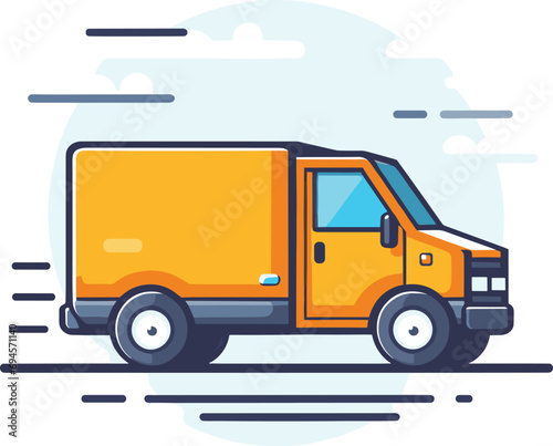 A yellow delivery truck is swiftly moving along the road in this vector illustration.