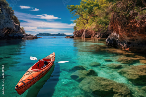 Kayak on the tropical white sand beach with transparent sea on sunny day