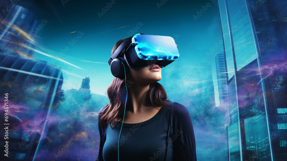 A young woman in the metaverse, wearing a VR headset background in an imaginary future city. Generative AI A young woman in the metaverse, wearing a VR headset background in an imaginary future city. Generative AI