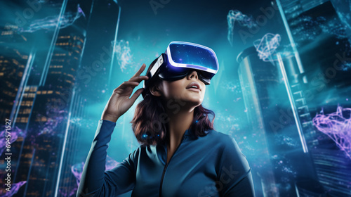 A young woman in the metaverse, wearing a VR headset background in an imaginary future city. Generative AI