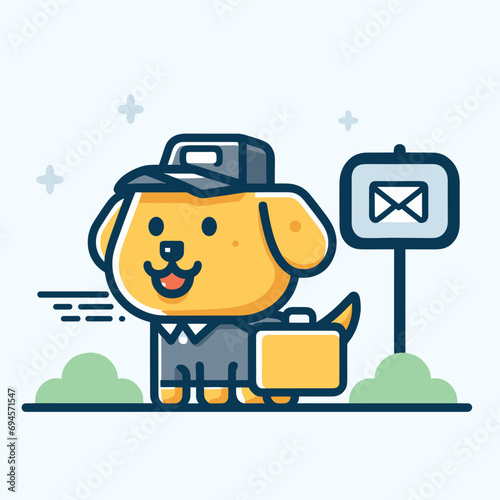 Cute cartoon dog as a mail carrier with bag and hat. Delivery mascot by mailbox, job role concept. Adorable postal worker vector illustration. photo